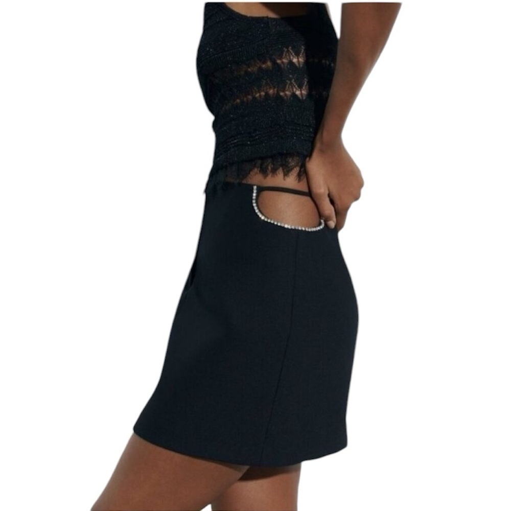 New ZARA Cut Out Black Rhinestone Mini Skirt
